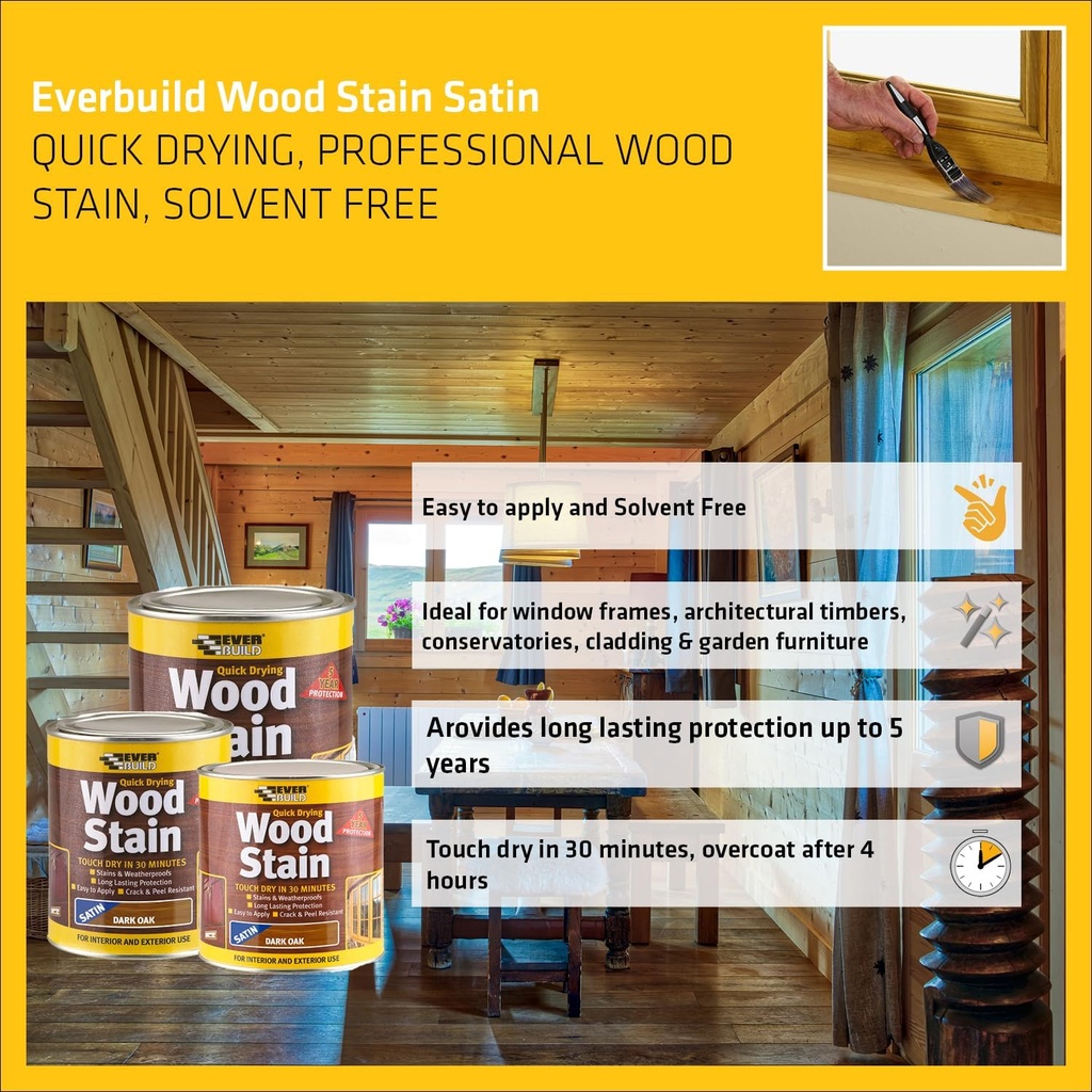 EVERBUILD Wood Stain Satin, Quick Drying Wood Stain, Interior & Exterior