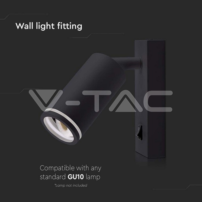 V-TAC 10294, GU10 Wall Mounted Holder with Switch Black