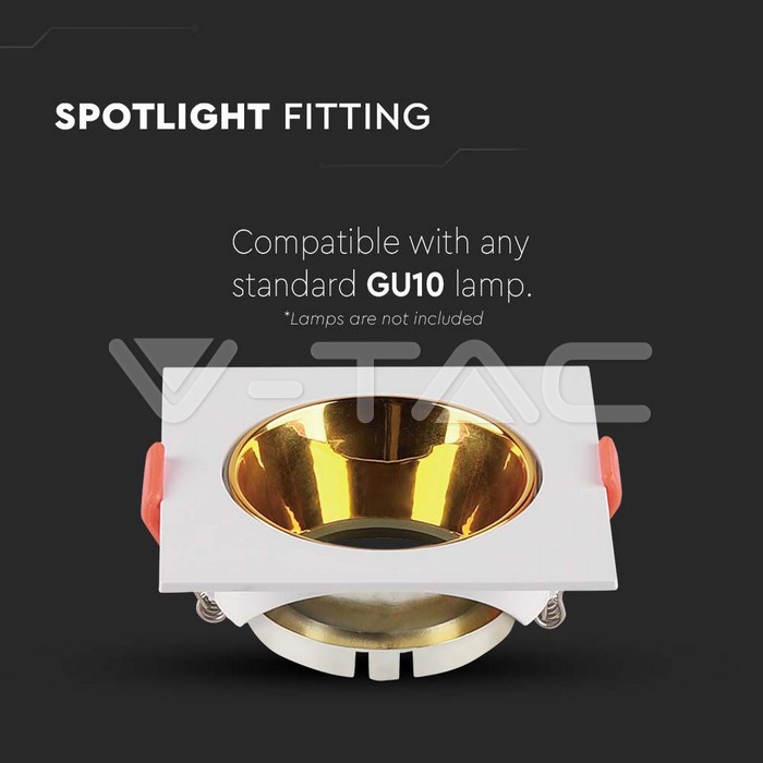 V-TAC 6654, GU10 Holder Square White Frame Gold Reflector