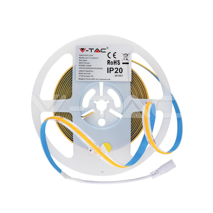 V-TAC 2679, Set Bandă LED COB IP20 24V 3000K 512 LED-uri 12W/m /2649 + 3272/