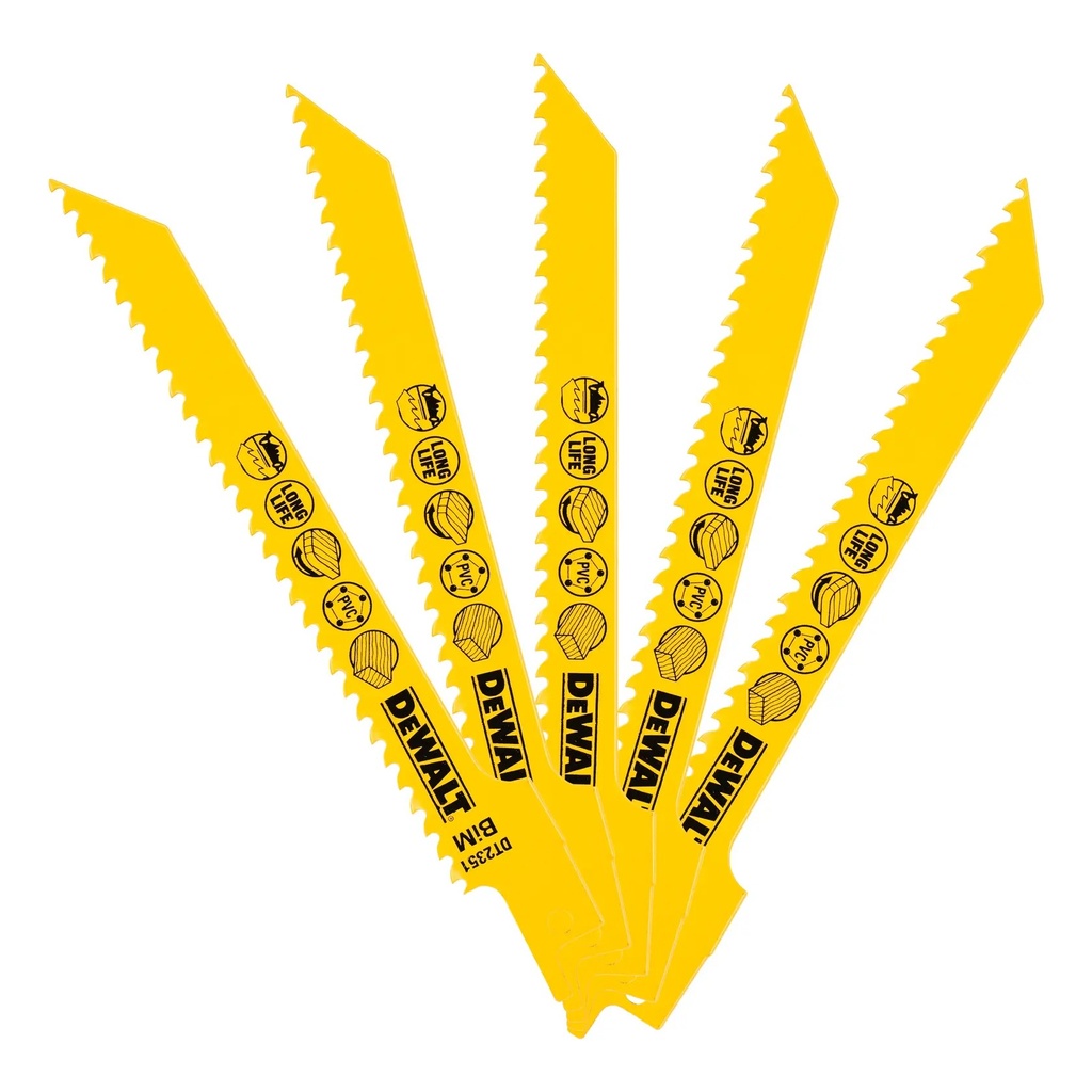 DEWALT 6 TPI (Wood) BI-Metal Reciprocating Blade, 152mm, 5 Pack, DT2351-QZ