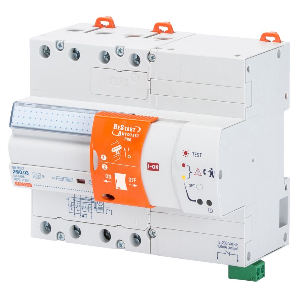 GEWISS GW90921, Siguranță automată restart Autotest Pro, Cuplat cu rccb, 4 poli, 25A tip A[IR] idn=0,03A 400V , 7 module en 50022
