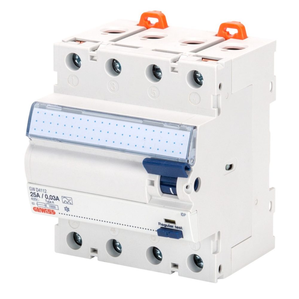 GEWISS GWD4337, Întrerupător siguranță automată de curent rezidual IDP - 4P, (N-conductor stânga) 40A tip A[ir] rezistență la impuls IDn=0,03A, 4 module