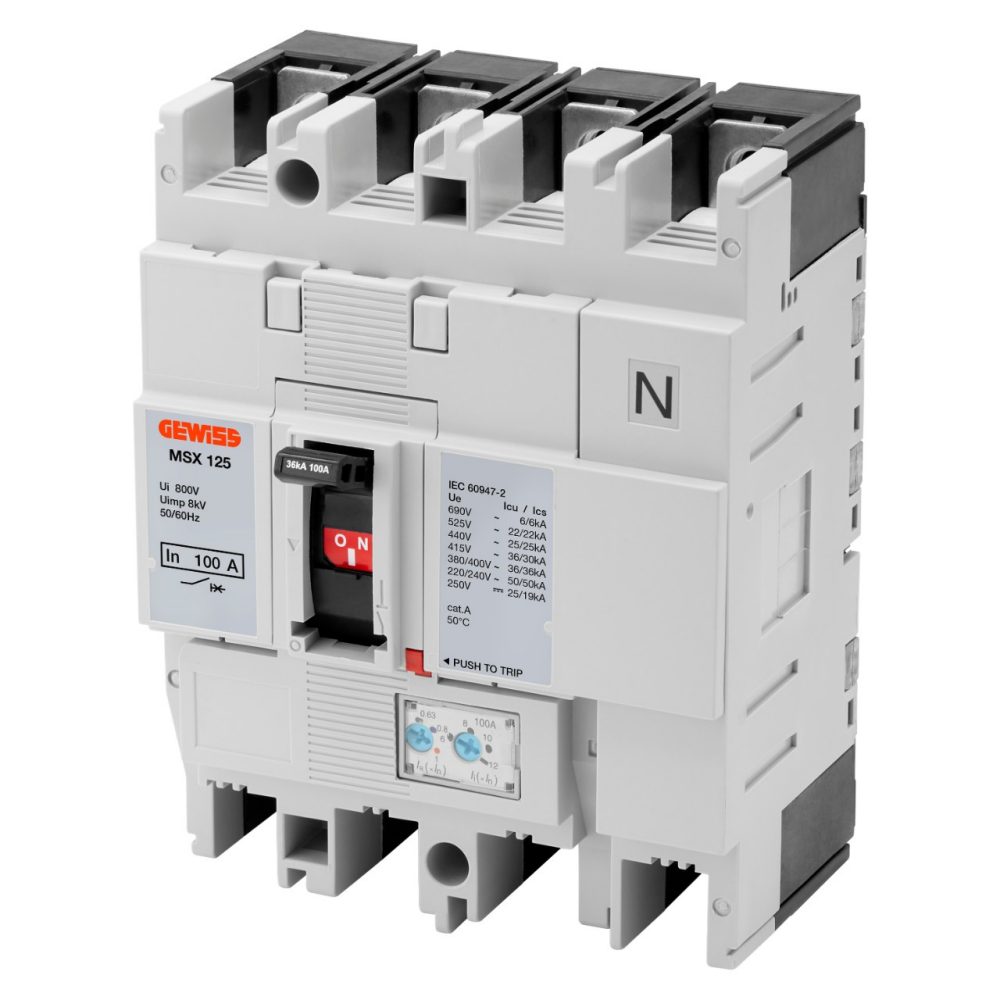 GEWISS GWD9175, Msx 125, Moulded Case Circuit Breakers, Thermal Adjustable, Magnetic Adjustable, 65Ka 4P 100A 690V