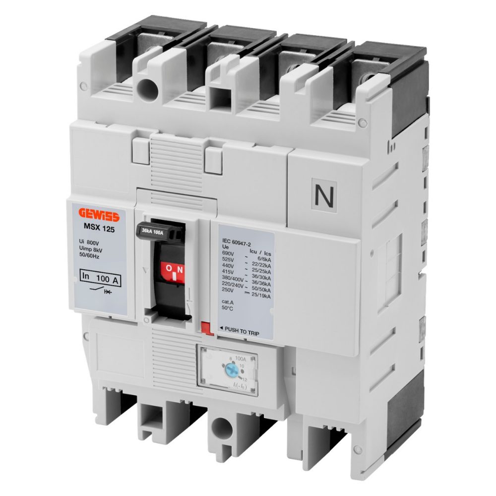 GEWISS GWD9212, Msx 125, Moulded Case Circuit Breakers, Adjustable Magnetic for Motor Protection, 36Ka 4P 32A 690V