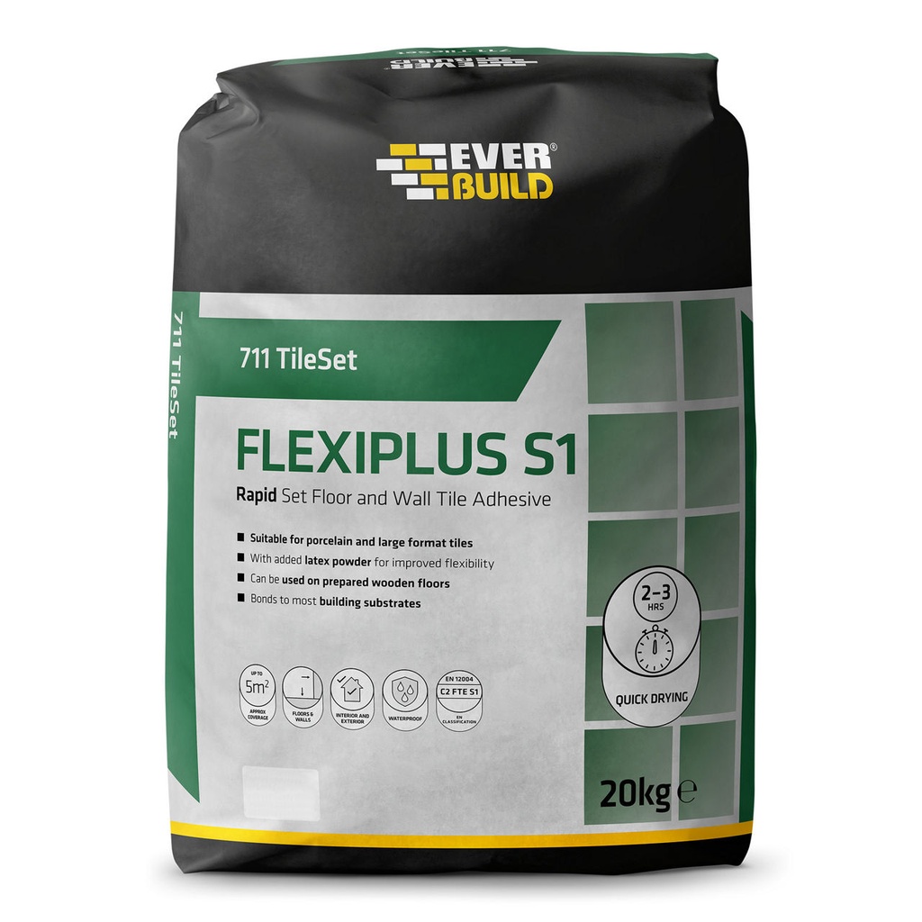 EVERBUILD 711 Rapid Set Flexiplus, Quick Setting Flexible Tile Adhesive, Interior & Exterior, Fine grey powder