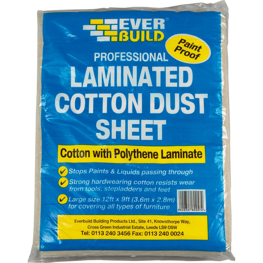 EVERBUILD LAMINATED COTTON DUST SHEET, Dust Protection Cotton Twirl Sheets, Interior, Beige, 3.67 m x 2.74 m, 1.6 kg