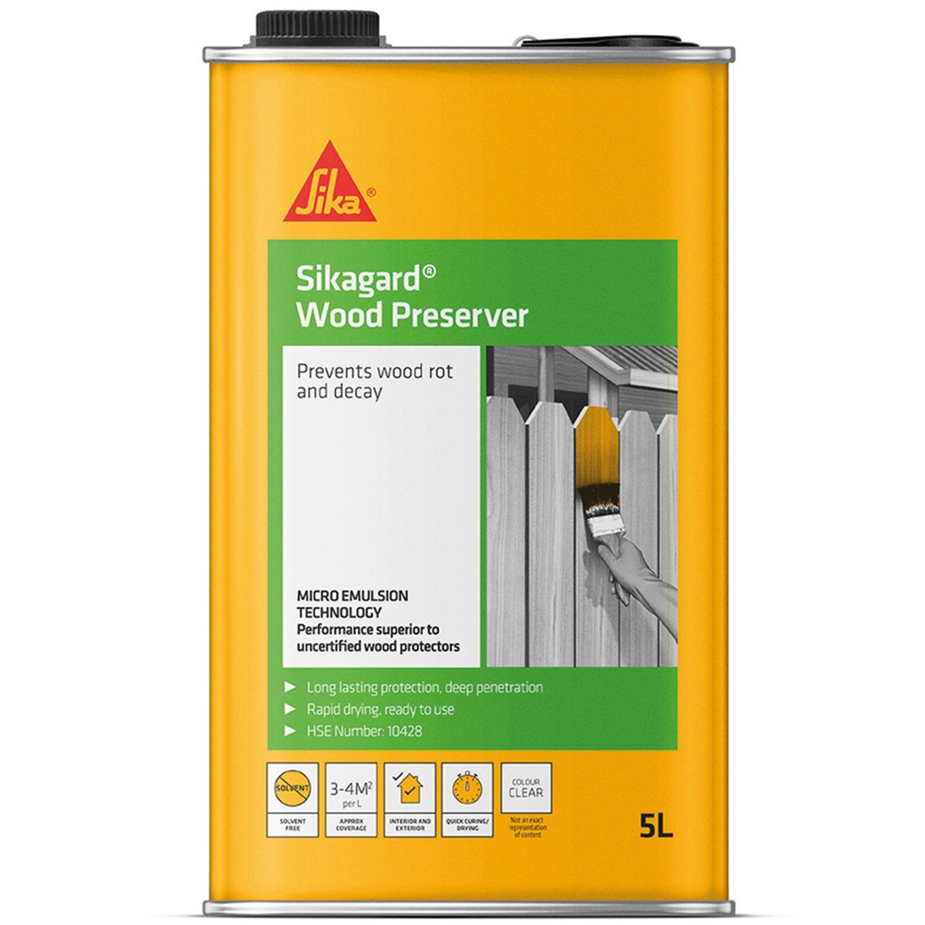Sikagard Wood Preserver, Wood Rot & Decay Preventer, Interior & Exterior, Clear, 5 L