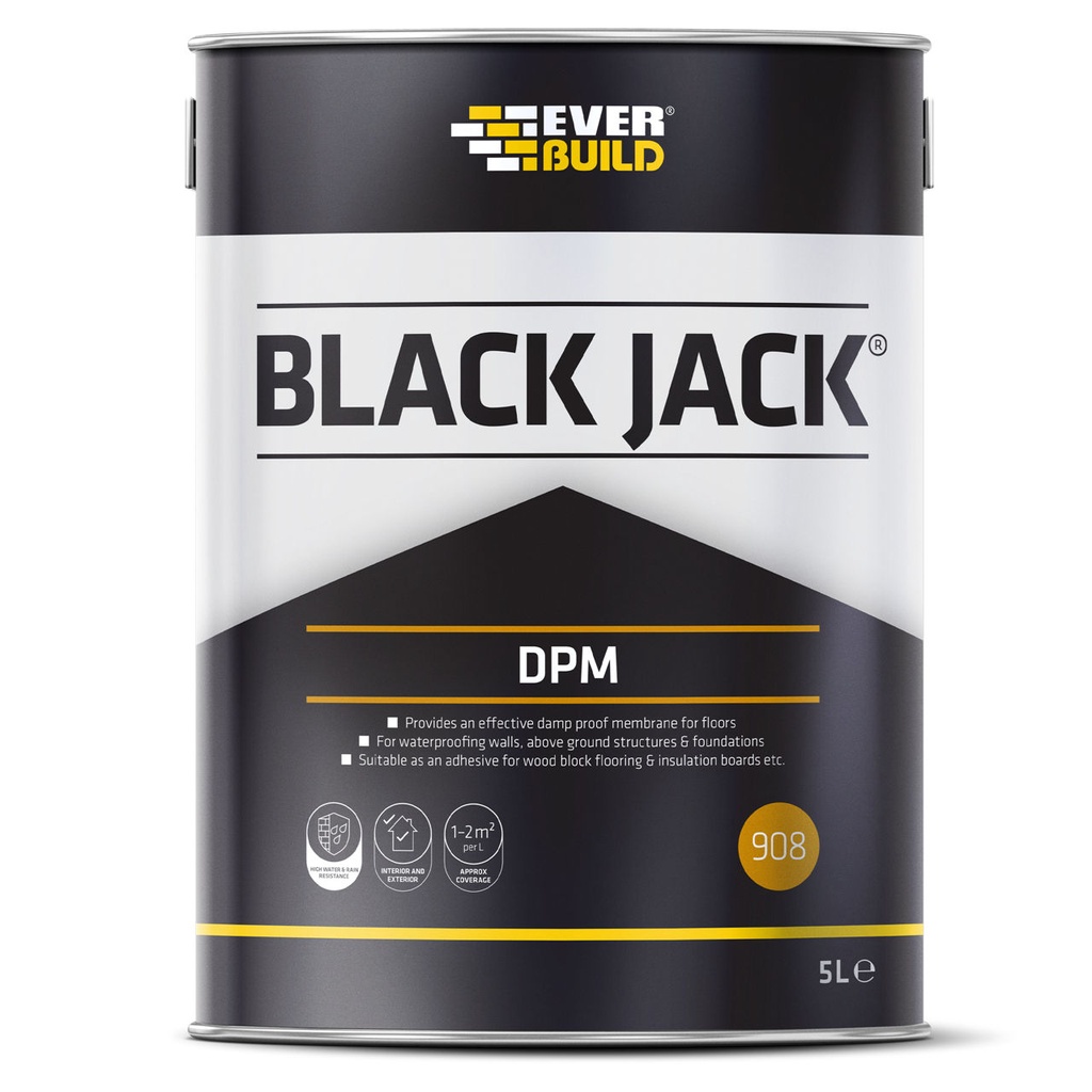 EVERBUILD BLACK JACK 908 D.P.M., Ready-to-use Damp Proof Membrane, Exterior, Dries Black, 5 L