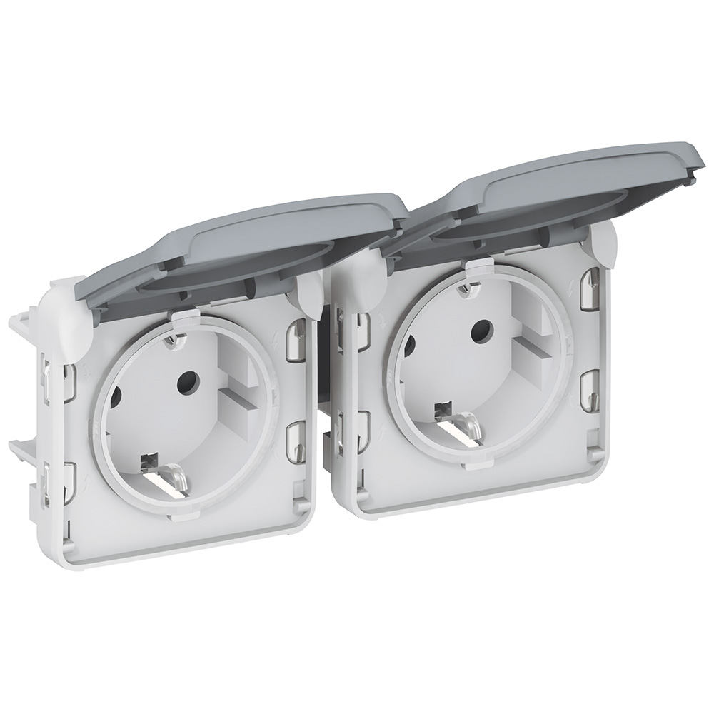 LEGRAND 069576, Plexo IP 55 Pre, wired German Standard Socket, 2 x 2P+E Horizontal, Grey