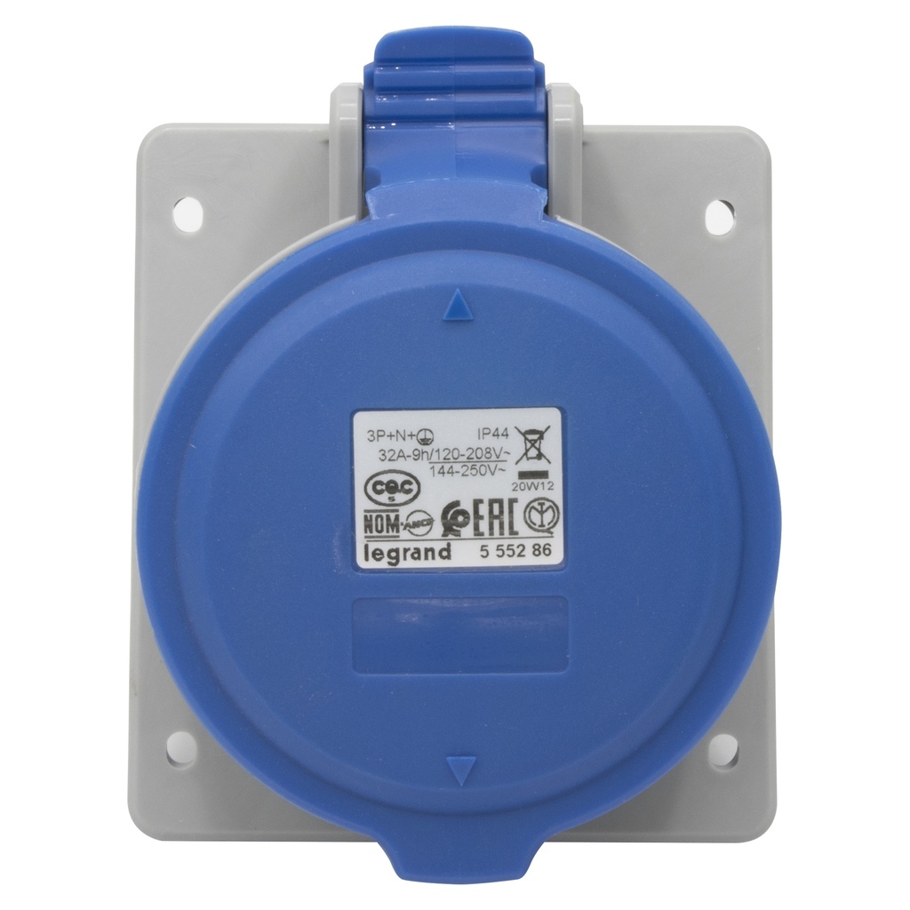 LEGRAND 555286, Socket for Panel Door, Tilting Mechanism P17, IP44, 200/250 V, 32 A, 3P+N+E
