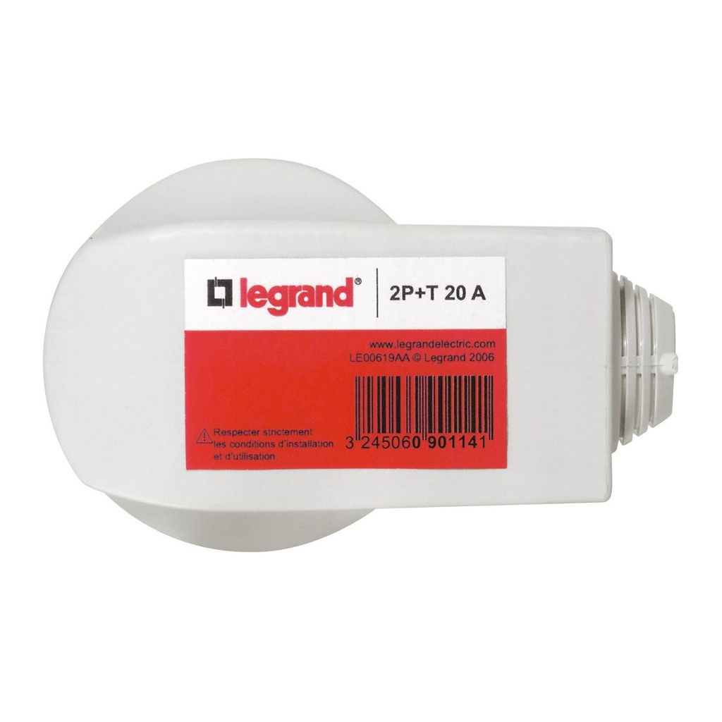 LEGRAND 090114, Plug, 20 A, 2P+T, Plastic, with Cable Clamp, Side Outlet, White