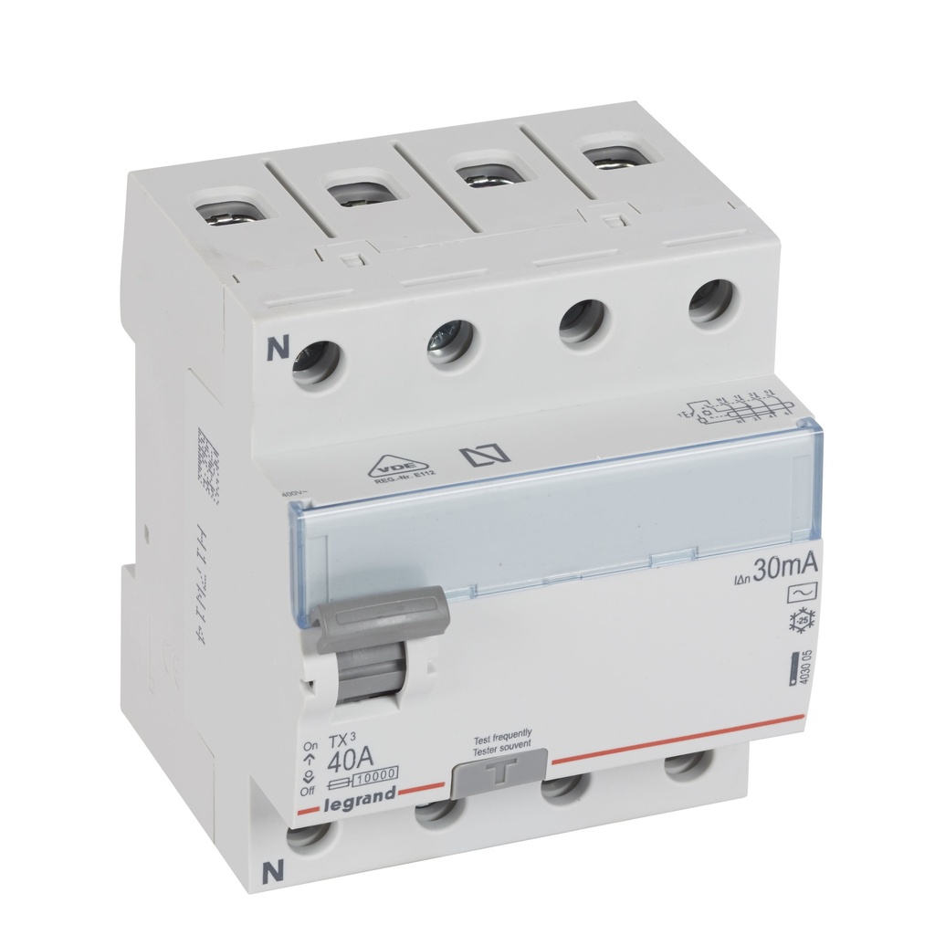 Legrand 403005, TX³ Residual Current Circuit Breaker (RCCB), 4P, 400 V, 30 mA, 40 A, Type AC, neutral on left side, no Auxiliaries