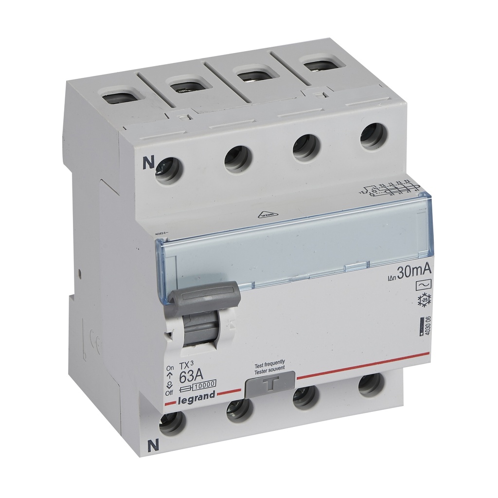 Legrand 403006, Întrerupător automat diferențial (RCCB) TX³, 4P, 400 V, 30 mA, 63 A, tip AC, Neutru pe partea stângă, Fără accesorii