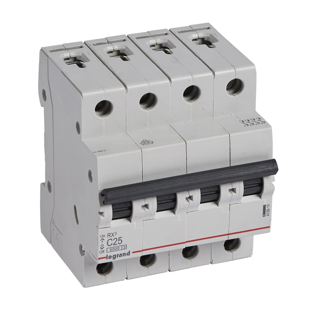 LEGRAND 419919, MCB RX³ 6000, 4P, 400 V, 25 A, C Curve, Comb Busbar Compatible