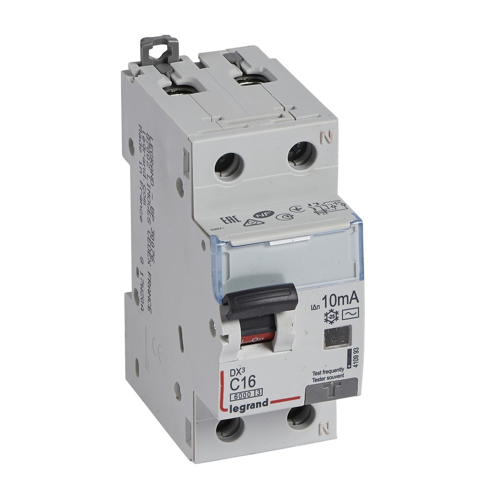 LEGRAND 410993, Residual Current Breaker DX³ 6000, 10 kA, 1P+N, 230 V, 16 A, 10 mA, Type AC, Right Neutral