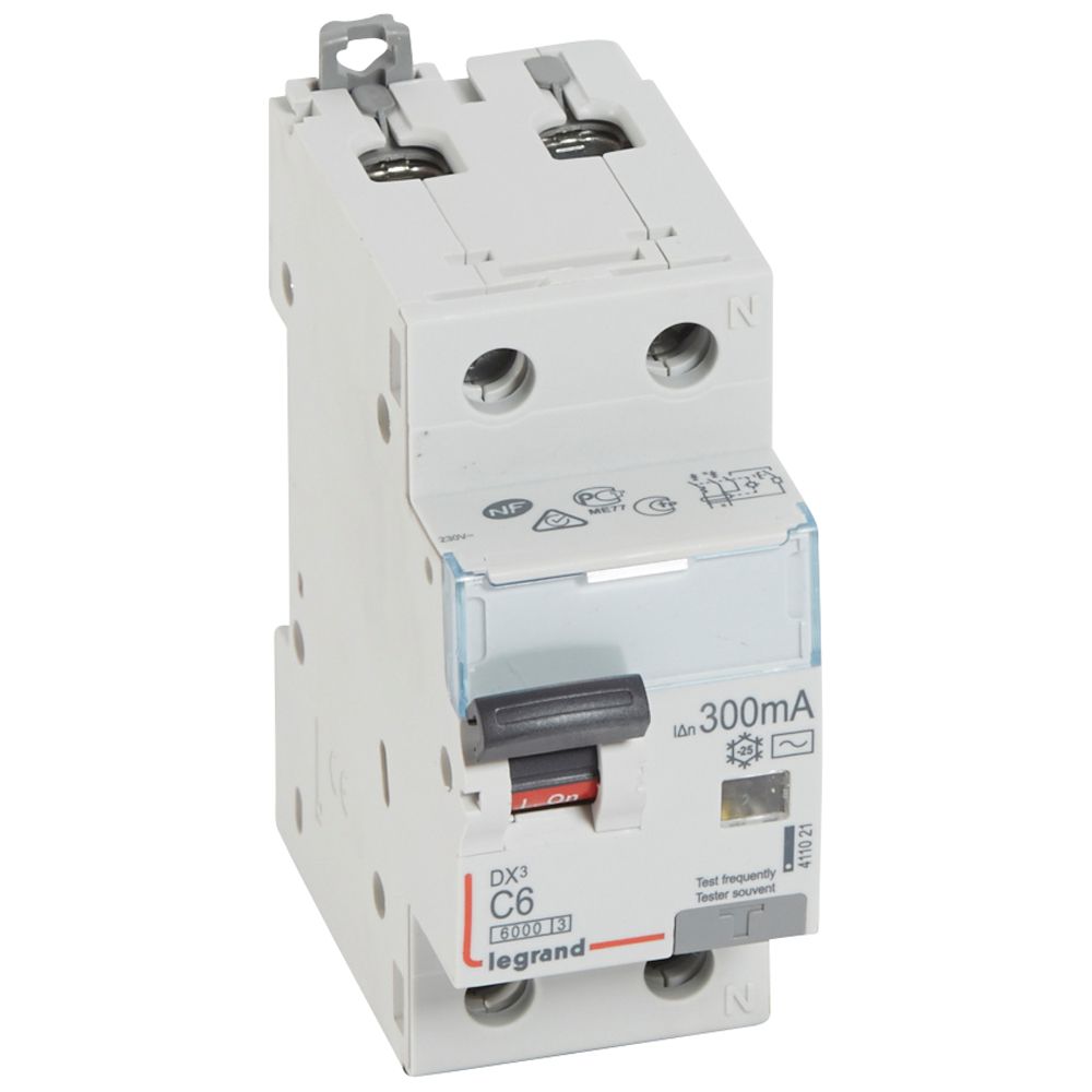 LEGRAND 411021, Residual Current Breaker DX³ 6000, 10 kA, 1P+N, 230 V, 6 A, 300 mA, Type AC, Right Neutral