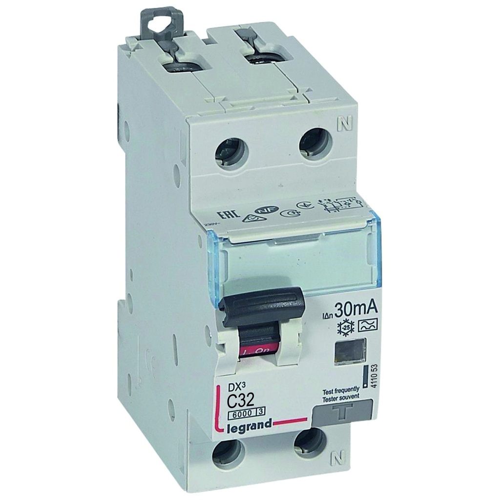 LEGRAND 411053, Disjunctor diferential, DX³ 6000 -10 kA -1P+N-230 V -32 A -30 mA, tip A, Neutru pe partea dreapta