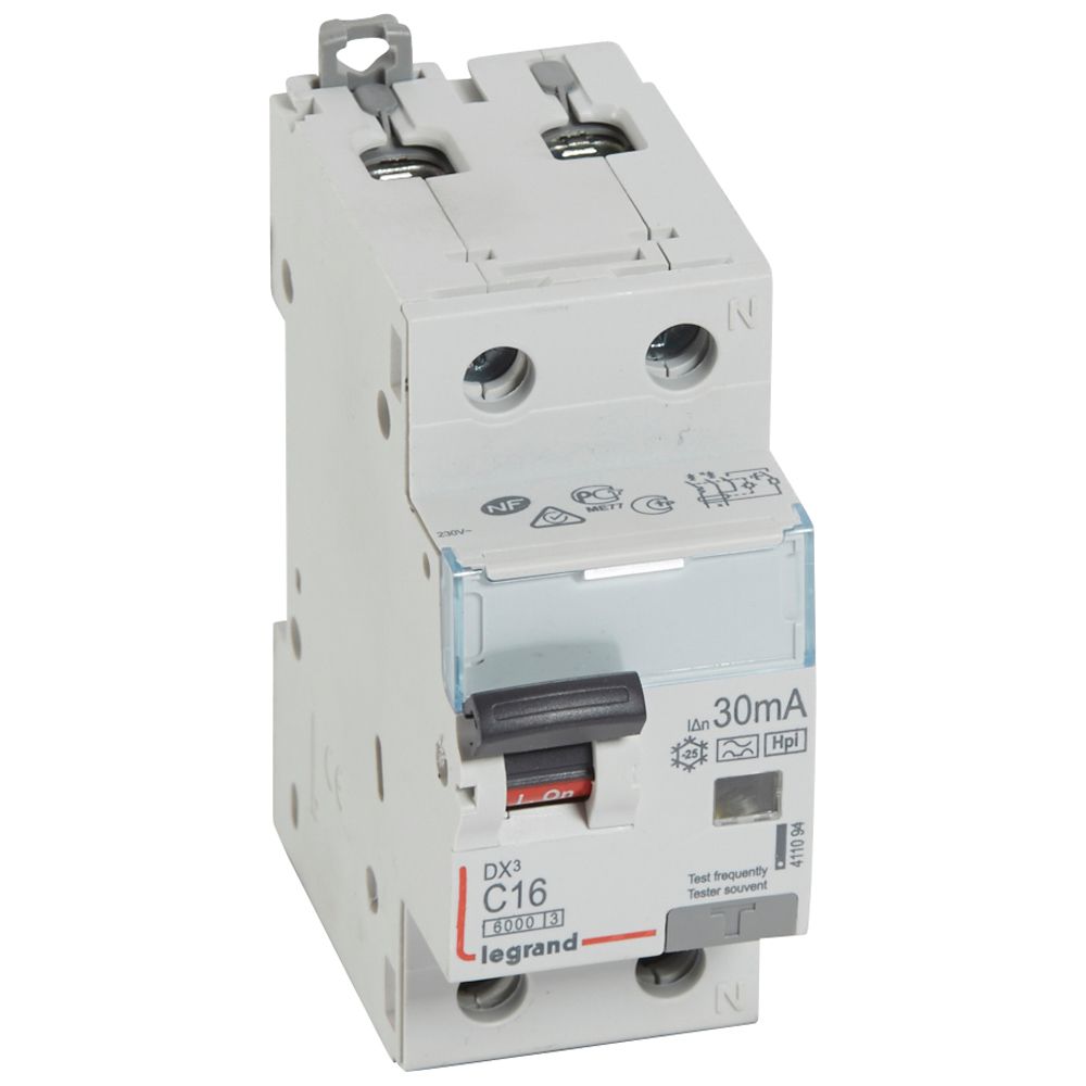 LEGRAND 411094, Disjunctor diferential, DX³ 6000 -10 kA -1P+N-230 V -16 A -30 mA, tip Hpi, Neutru pe partea dreapta