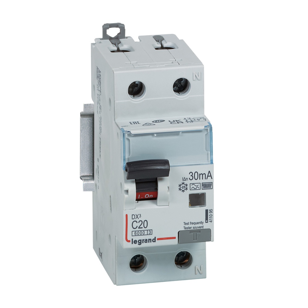 LEGRAND 411095, Disjunctor diferential, DX³ 6000 -10 kA -1P+N-230 V -20 A -30 mA, tip Hpi, Neutru pe partea dreapta