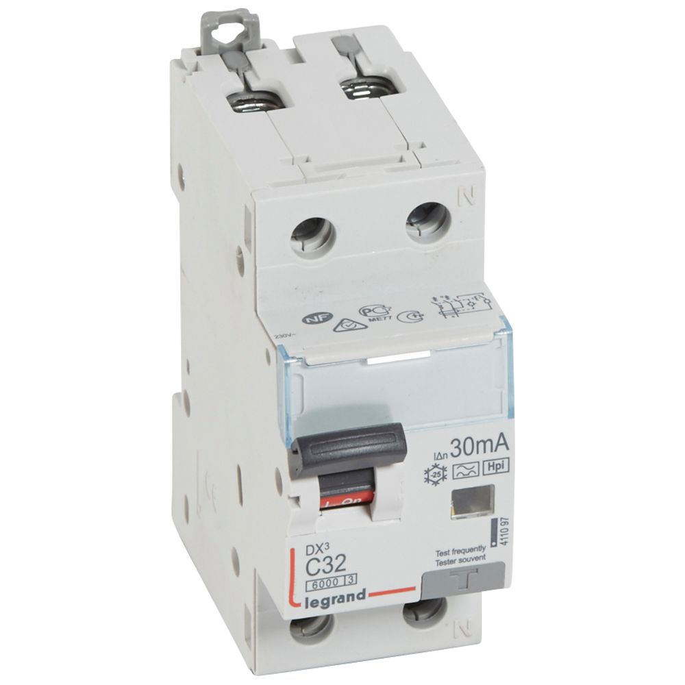 LEGRAND 411097, Disjunctor diferential, DX³ 6000 -10 kA -1P+N-230 V -32 A -30 mA, tip Hpi, Neutru pe partea dreapta