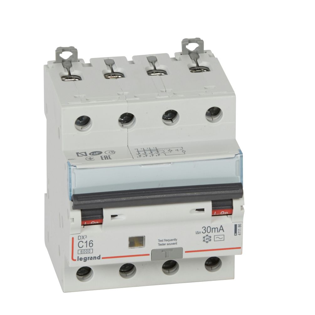 LEGRAND 411186, RCBO, DX³ 6000 -10 kA -4P-400 V -16 A -30 mA, tip AC