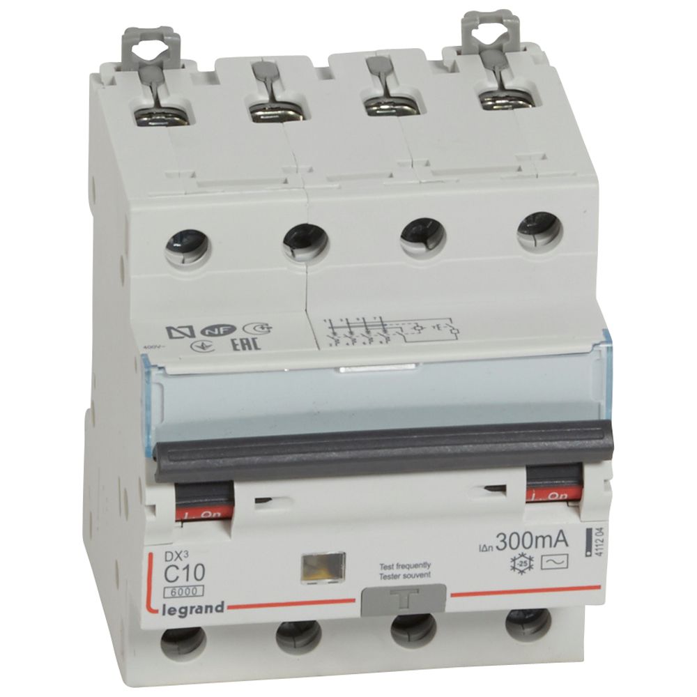 LEGRAND 411204, RCBO, DX³ 6000 -10 kA -4P-400 V -10 A -300 mA, tip AC