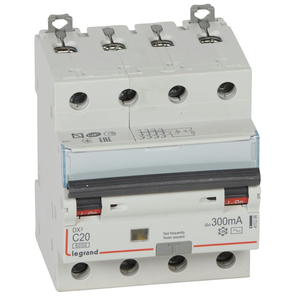 LEGRAND 411206, RCBO DX³ 6000, 10 kA, 4P, 400 V, 20 A, 300 mA, Type AC