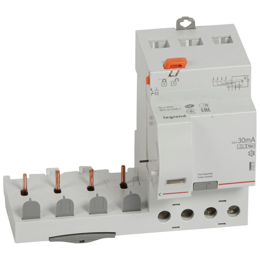 LEGRAND 410533, Differential Block Adapted DX³-screw, 4P, 400 V, 40 A, Type Hpi, 30 mA, Breaker 1 Module/Pole, Wired Version