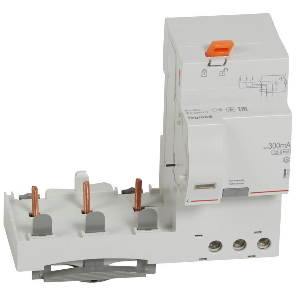 LEGRAND 410608, Differential Block, 3P, 400 V, 63 A, 300 mA, Type Hpi, for DX³ 1.5 Module/Pole Breakers