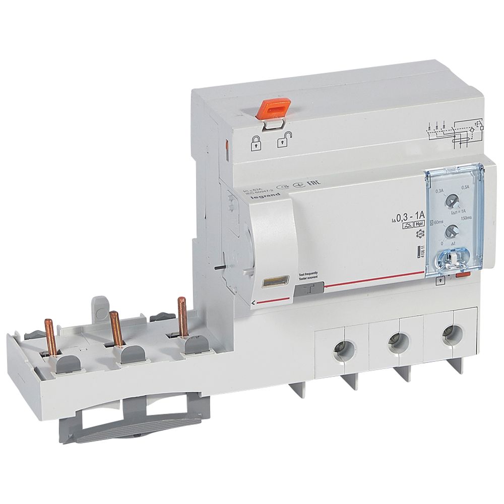 LEGRAND 410611, Differential Block, 3P, 400 V, 63 A, 300/1000 mA adjustable, Type Hpi, for DX³ 1.5 Module/Pole Breakers