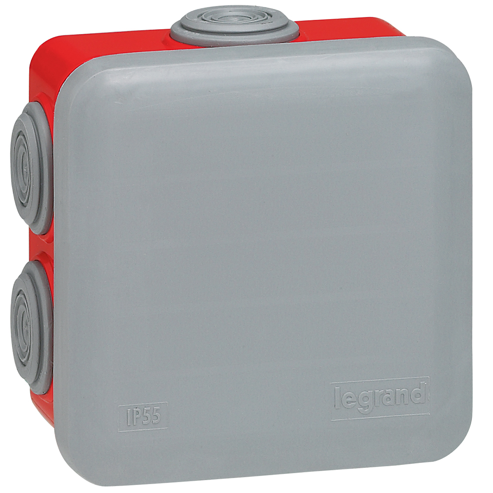 LEGRAND 092015, Plexo Square Box 80×80×45 mm, Grey/Red, 7 Entries, IP55/IK07, GWT 960°C