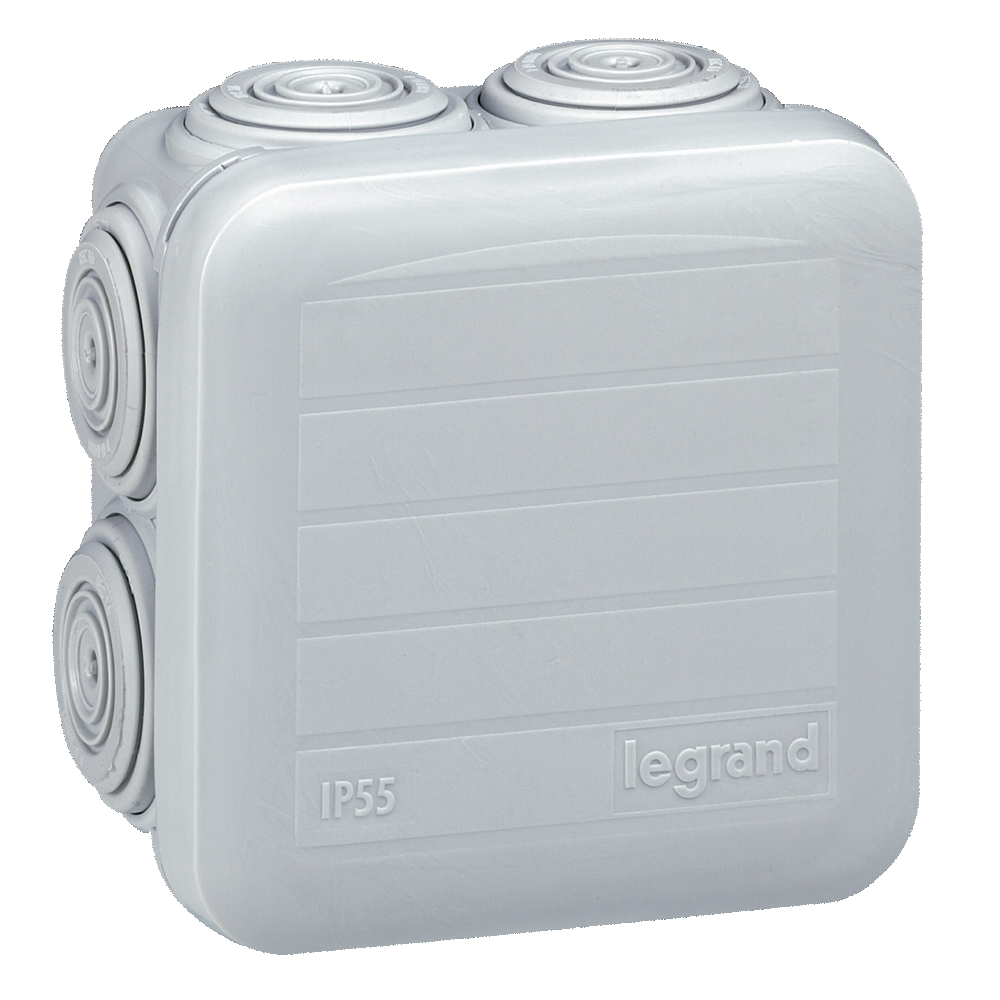 LEGRAND 092005, Doză pătrată Plexo 65×65×40 mm, Cenușiu, 7 intrări, Etanșă IP55/IK07, GWT 650°C
