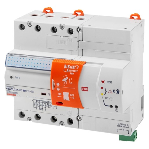 [PTG014.00007] GEWISS GW90912B, Siguranță automată ReStart Autotest Pro, Cuplat cu rccb, 2 poli, 40A tip B[IR] idn=0,03A 230V c.a., 7 module en 50022