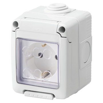 [PTG018.00194] GEWISS GW27844, Watertight Enclosure Complete with System Devices, with Socket Outlet 2P+e 16 A, German Standard, IP55, Grey Ral 7035