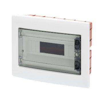[PTG010.00032] GEWISS GW40605BS, Flushmounting Enclosure with Smoked Transparent Door with Extractable Frame, with Terminal Block N (3x16)+(11x10) E (3x16)+(11x10), 8 Modules IP40
