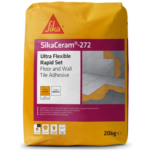 [PTG254.00223] SikaCeram-272 Ultra Flexible White, Rapid Setting S1 Tile Adhesive with Latex, Interior & Exterior, White Powder, 20 kg