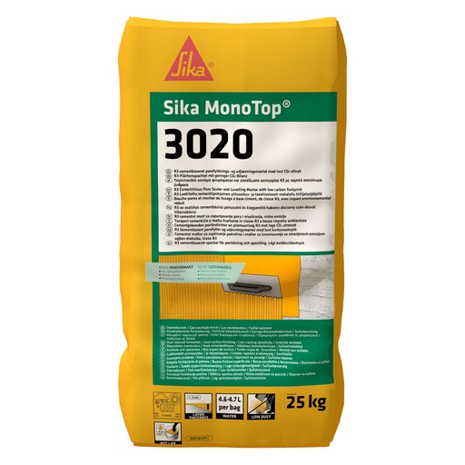 [PTG042.00017] Sika MonoTop-3020, Smoothing and filling mortar with recycled content, Interior & Exterior, Grey Powder, 25 kg