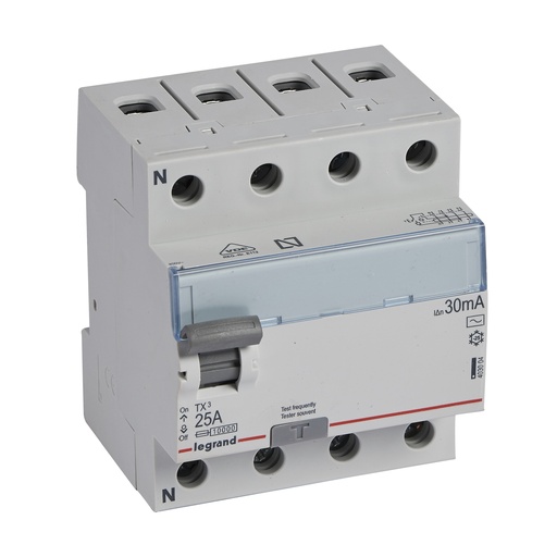 [PTG163.01288] Legrand 403004, Întrerupător automat diferențial (RCCB) TX³, 4P, 400 V, 30 mA, 25 A, tip AC, Neutru pe partea stângă, Fără accesorii