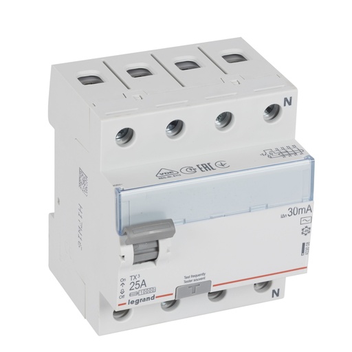 [PTG163.01291] Legrand 403008, Întrerupător automat diferențial (RCCB) TX³, 4P, 400 V, 30 mA, 25 A, tip AC, Neutru pe partea dreaptă, Fără accesorii