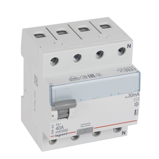 [PTG163.01292] Legrand 403009, Întrerupător automat diferențial (RCCB) TX³, 4P, 400 V, 30 mA, 40 A, tip AC, Neutru pe partea dreaptă, Fără accesorii