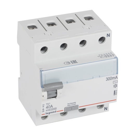 [PTG163.01298] Legrand 403043, Întrerupător automat diferențial (RCCB) TX³, 4P, 400 V, 300 mA, 40 A, tip AC, Incompatibil cu accesorii auxiliare