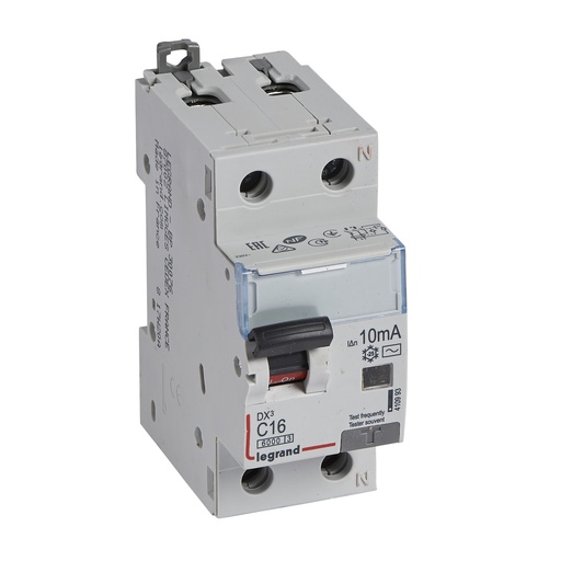 [PTG163.02061] LEGRAND 410993, Residual Current Breaker DX³ 6000, 10 kA, 1P+N, 230 V, 16 A, 10 mA, Type AC, Right Neutral