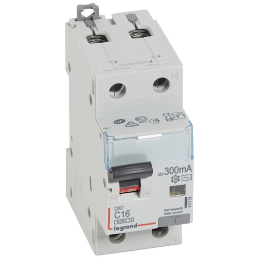 [PTG163.02072] LEGRAND 411024, Residual Current Breaker DX³ 6000, 10 kA, 1P+N, 230 V, 16 A, 300 mA, Type AC, Right Neutral