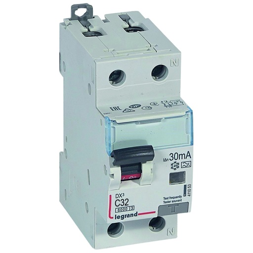 [PTG163.02083] LEGRAND 411053, Residual Current Breaker DX³ 6000, 10 kA, 1P+N, 230 V, 32 A, 30 mA, Type A, Right Neutral