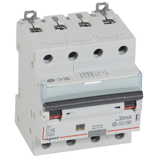 [PTG163.02118] LEGRAND 411244, RCBO, DX³ 6000, 10 kA, 4P, 400 V, 16 A, 30 mA, tip Hpi