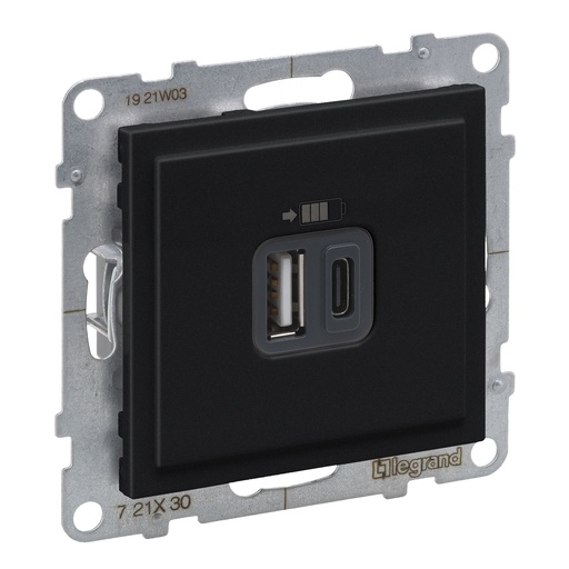 [PTG031.00181] LEGRAND 721430, Încărcător USB dublu Tip A+C, 3A, 15W, Negru