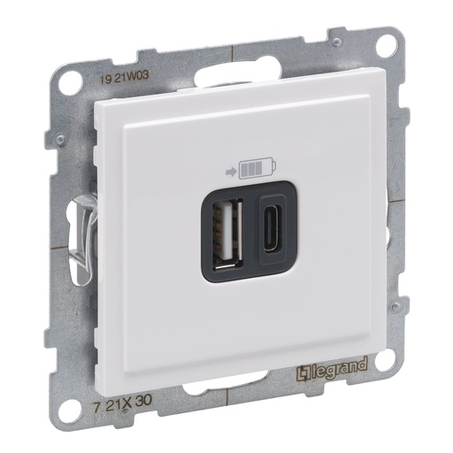 [PTG031.00183] LEGRAND 721130, Încărcător USB dublu Tip A+C, 3A, 15W, Alb