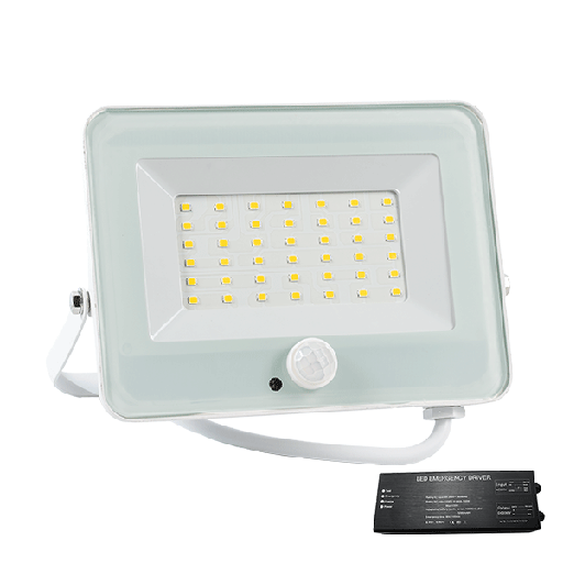 [PTG080.00487] ELMARK 98VEGA30SWW/WHE, VEGA30 SLIM 30W LED FLOODLIGHT + SEN 3000KWH+EMERGENCY KIT