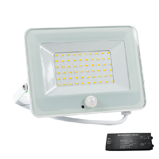 [PTG080.00489] ELMARK 98VEGA50SWW/WHE, VEGA50 SLIM 50W LED FLOODLIGHT + SEN 3000KWH+EMERGENCY KIT